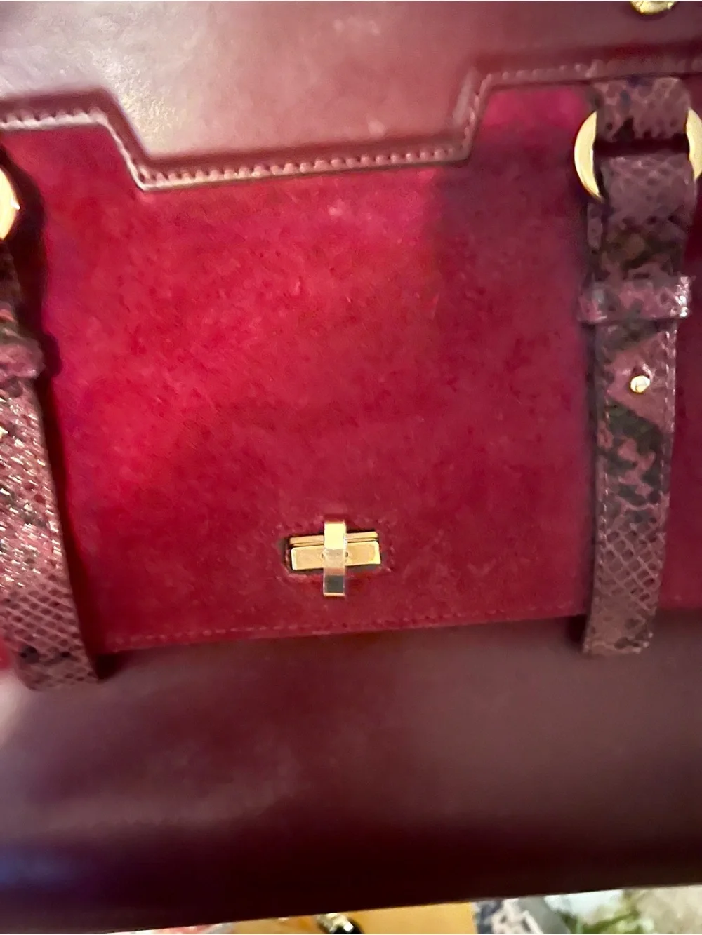 LACUCCI ITALIAN LEATHER Burgundy Suede & Leather Satchel with Gold Hardware